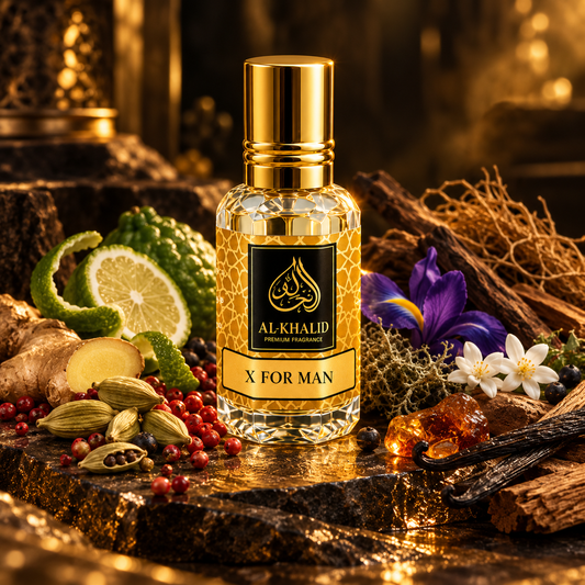 Al Khalid X For Man luxury attar oil bottle from Clive Christian inspired collection, elegant glass container with gold accents.