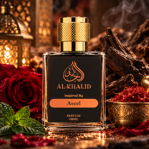 Al Khalid Rehab-Aseel luxury perfume bottle with ornate design, showcasing elegant packaging and intricate detailing.