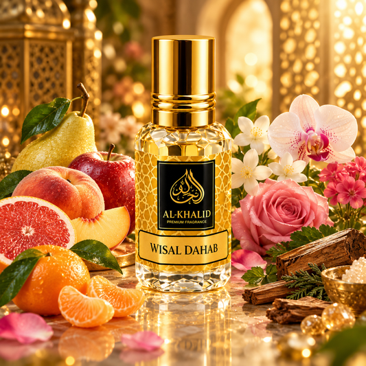 Wisal Dahab attar oil by Al Khalid Perfumes, luxurious fragrance bottle with ornate design, inspired by traditional luxury scents.
