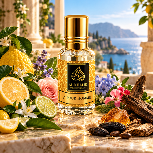 Al Khalid Perfumes Versace Pour Homme-inspired luxury attar oil in a glass bottle with a sleek design.