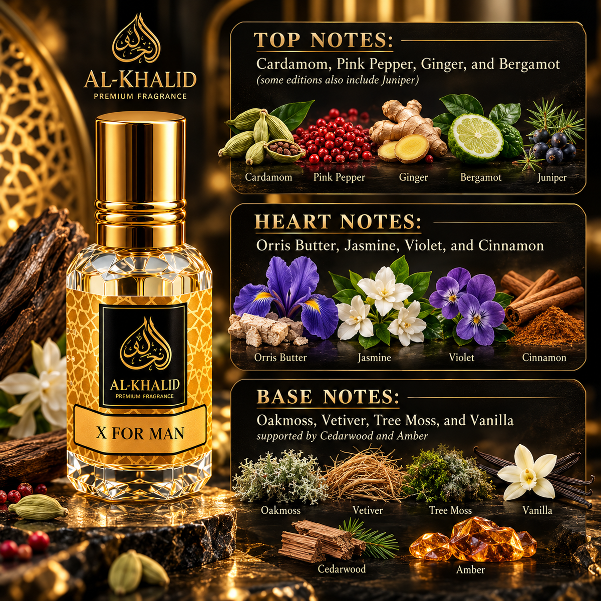 Al Khalid Perfumes X For Man luxury attar oil in a sleek glass bottle, inspired by Clive Christian's signature scent.