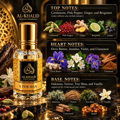 Al Khalid Perfumes X For Man luxury attar oil in a sleek glass bottle, inspired by Clive Christian's signature scent.