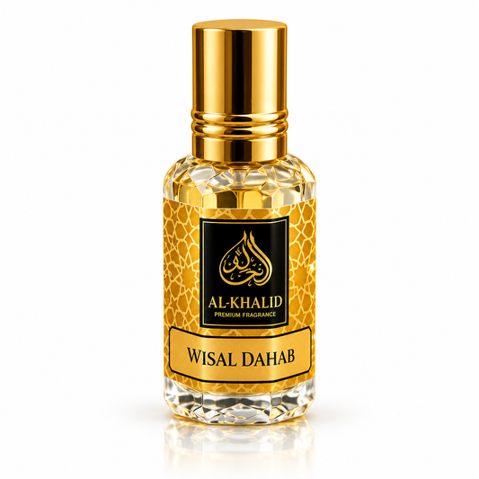 Wisal Dahab Attar Oil by Al Khalid Perfumes, featuring elegant glass bottle with gold accents, traditional perfume packaging.