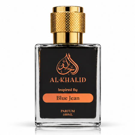 Al Khalid luxury perfume bottle inspired by Versace Blue Jean with sleek blue design and elegant packaging.
