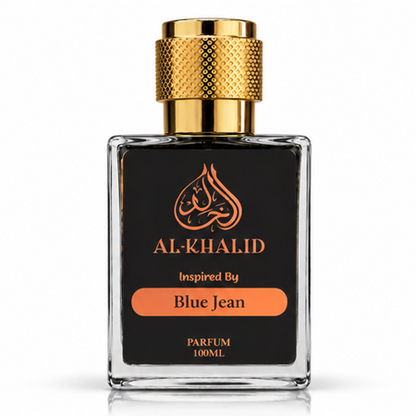 Al Khalid luxury perfume bottle inspired by Versace Blue Jean with sleek blue design and elegant packaging.