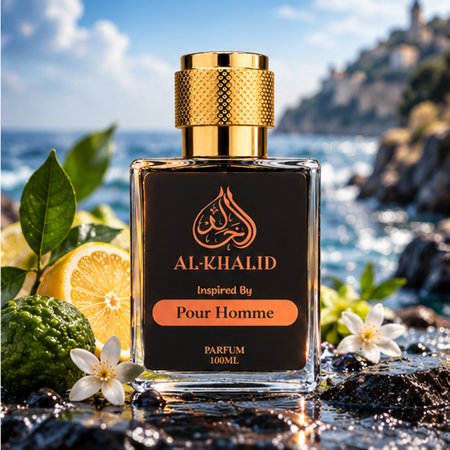 Luxury Pour Homme perfume by AL-KHALID Perfumes, featuring a sleek bottle with elegant design and sophisticated branding.