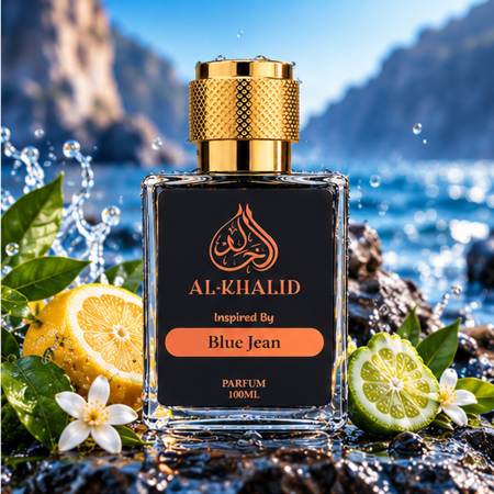 Al Khalid luxury perfume bottle inspired by Versace Blue Jean, sleek design with blue accents and elegant branding.