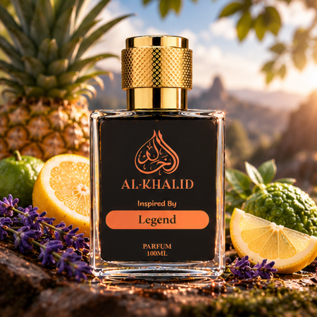 Luxurious M0nt Bl@nc-Legend perfume bottle by AL-KHALID, featuring elegant glass design and sophisticated branding.