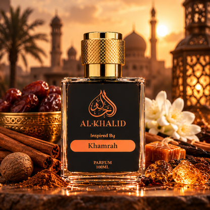 Lataffa-Khamrah inspired luxury perfume bottle by Al Khalid Perfumes, showcasing elegant glass design and luxurious fragrance presentation.