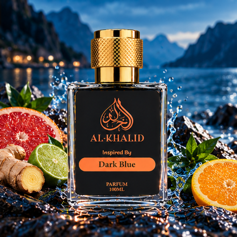 Dark blue bottle of Hµg0 B0$$-Dark Blue luxury perfume by AL-KHALID| PERFUMES, displayed in a sleek, modern design.