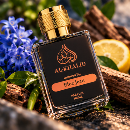Al Khalid luxury perfume bottle inspired by Versace Blue Jean, featuring sleek blue packaging and elegant design.