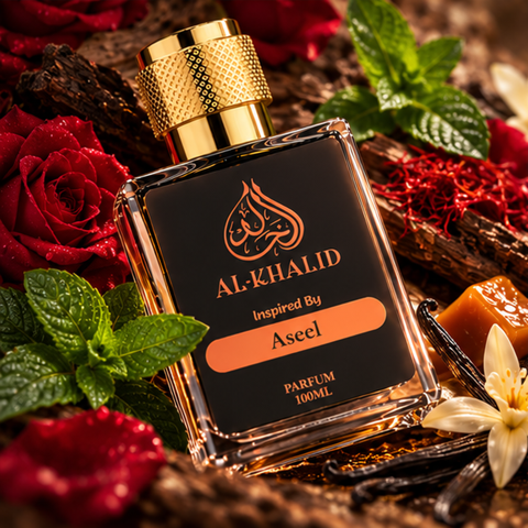 Luxury Rehab-Aseel perfume by Al Khalid Perfumes, featuring elegant bottle design and rich, aromatic fragrance.