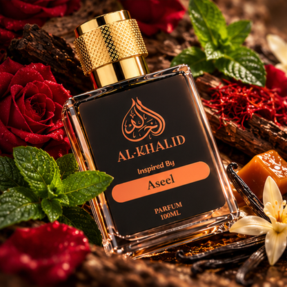 Luxury Rehab-Aseel perfume by Al Khalid Perfumes, featuring elegant bottle design and rich, aromatic fragrance.