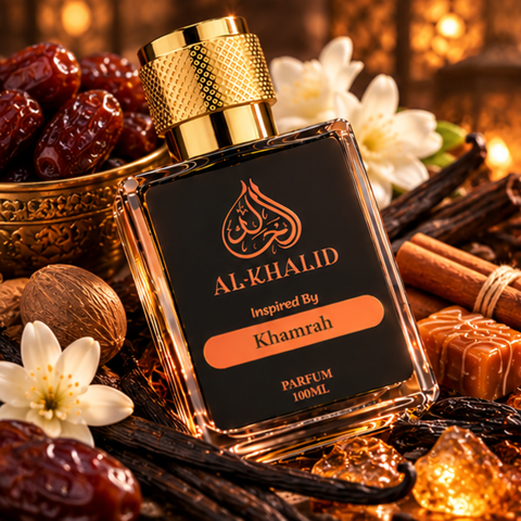 Lataffa-Khamrah luxury perfume bottle by AL-KHALID Perfumes, elegant glass design with intricate detailing, ideal for fragrance collection