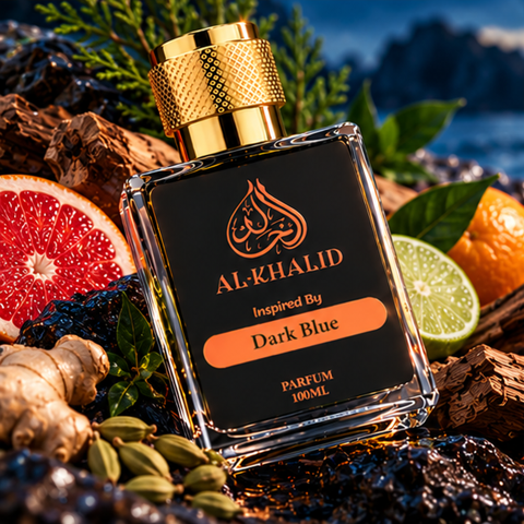 Dark blue Hµg0 B0$$-Dark Blue inspired perfume bottle by AL-KHALID Perfumes, showcasing a luxurious glass design.
