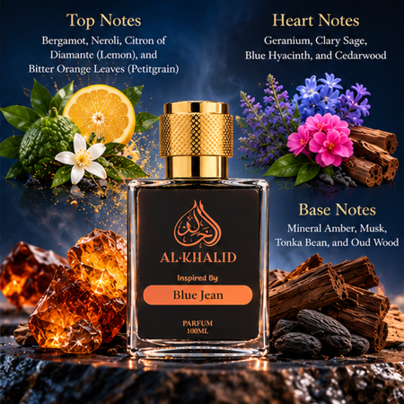 Al Khalid AL-KHALID Versace-inspired blue jean perfume bottle with a sleek design and luxurious packaging.