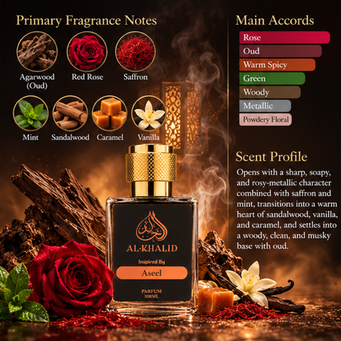 Luxury Rehab-Aseel perfume by AL-KHALID Perfumes, featuring elegant bottle design and intricate fragrance details.