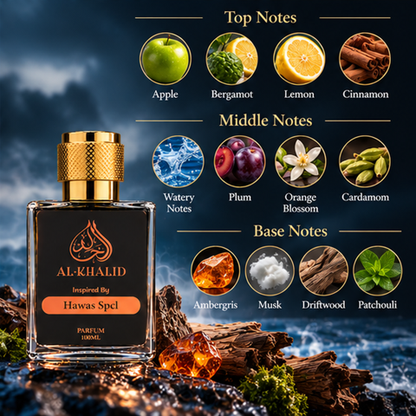 Al Khalid Rasasi Hawas Special perfume bottle with intricate design, showcasing luxury fragrance packaging and branding.