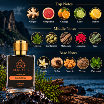 Dark blue glass bottle of Hµg0 B0$$-Dark Blue luxury perfume by AL-KHALID Perfumes displayed on a sleek surface.