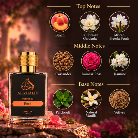 Elegant bottle of Gµčči-Rush luxury perfume by AL-KHALID PERFUMES with intricate design and sleek packaging.