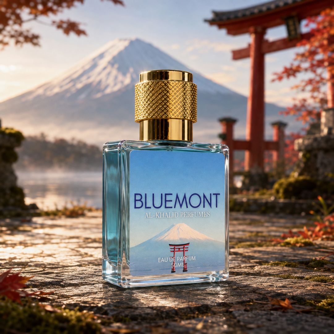 AL-KHALID PERFUMES BLUEMONT Eau de Parfum for Men, elegant bottle with sleek design and green accents, showcasing a luxurious fragrance.
