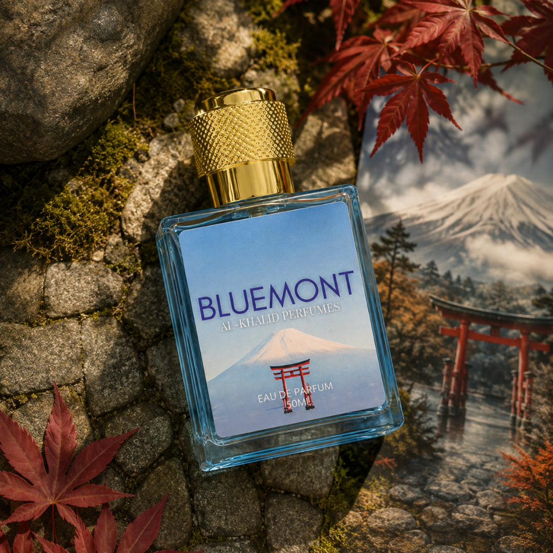 AL-KHALID PERFUMES BLUEMONT Eau de Parfum for Men, elegant glass bottle with a sleek design, showcasing the fragrance inside.