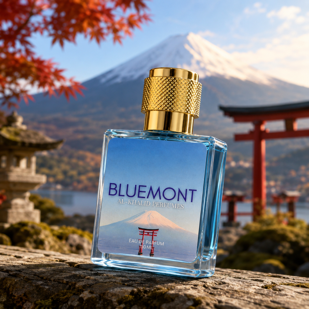 AL-KHALID PERFUMES Bluemont Eau de Parfum for Men, elegant glass bottle with sleek design and blue accents.