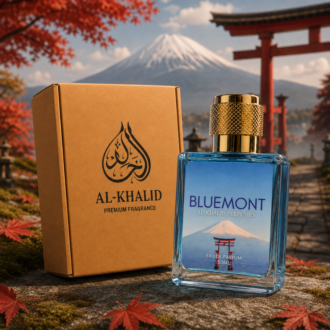 AL-KHALID PERFUMES BLUEMONT Eau de Parfum for Men, sleek bottle with modern design and elegant cap, displayed on a neutral background.