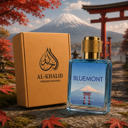 AL-KHALID PERFUMES BLUEMONT Eau de Parfum for Men, sleek bottle with modern design and elegant cap, displayed on a neutral background.