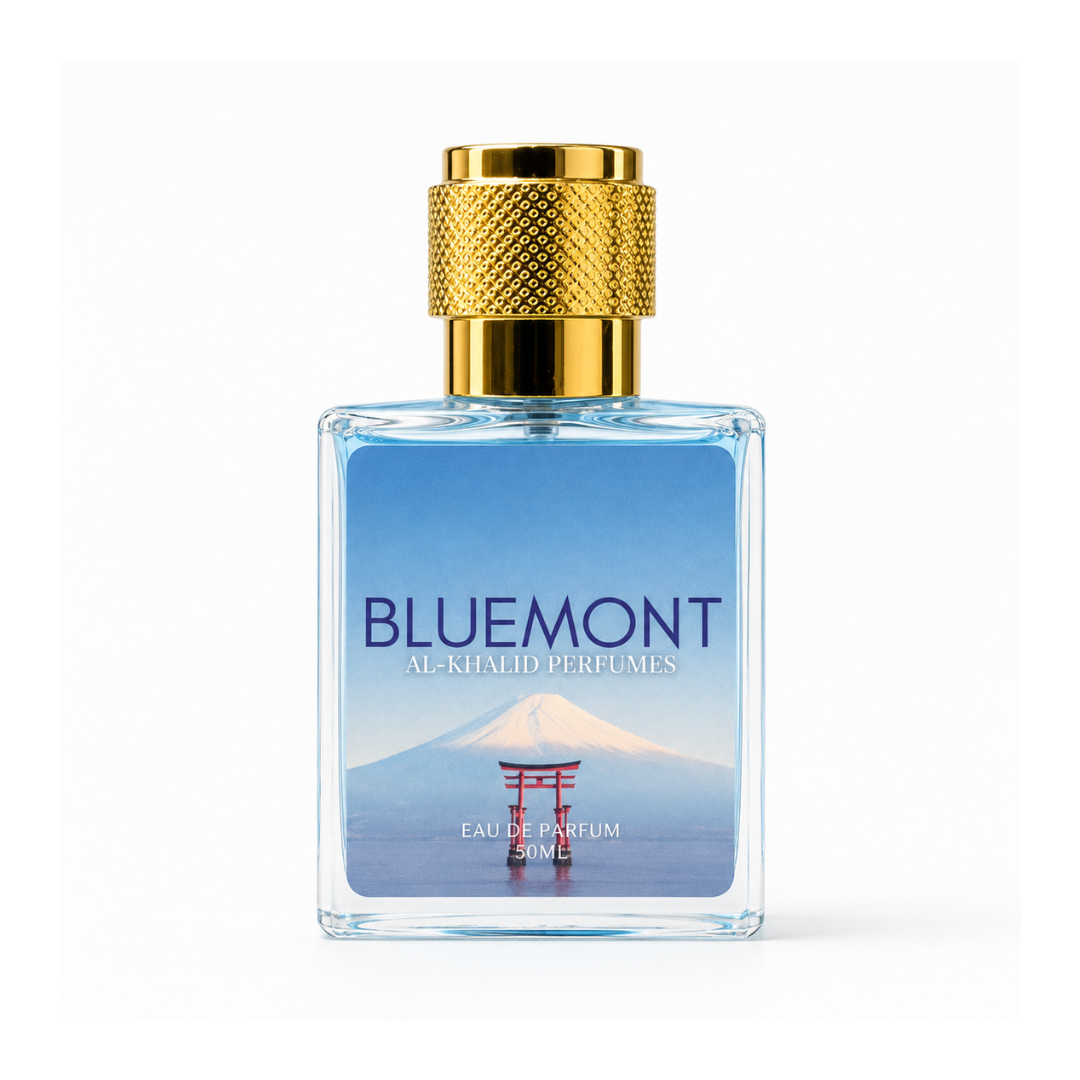 BlueMont Eau de Parfum for Men by AL-KHALID PERFUMES, featuring a sleek bottle with a modern design and dark blue accents.