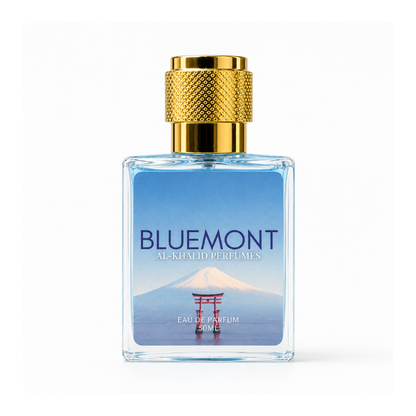 BlueMont Eau de Parfum for Men by AL-KHALID PERFUMES, featuring a sleek bottle with a modern design and dark blue accents.