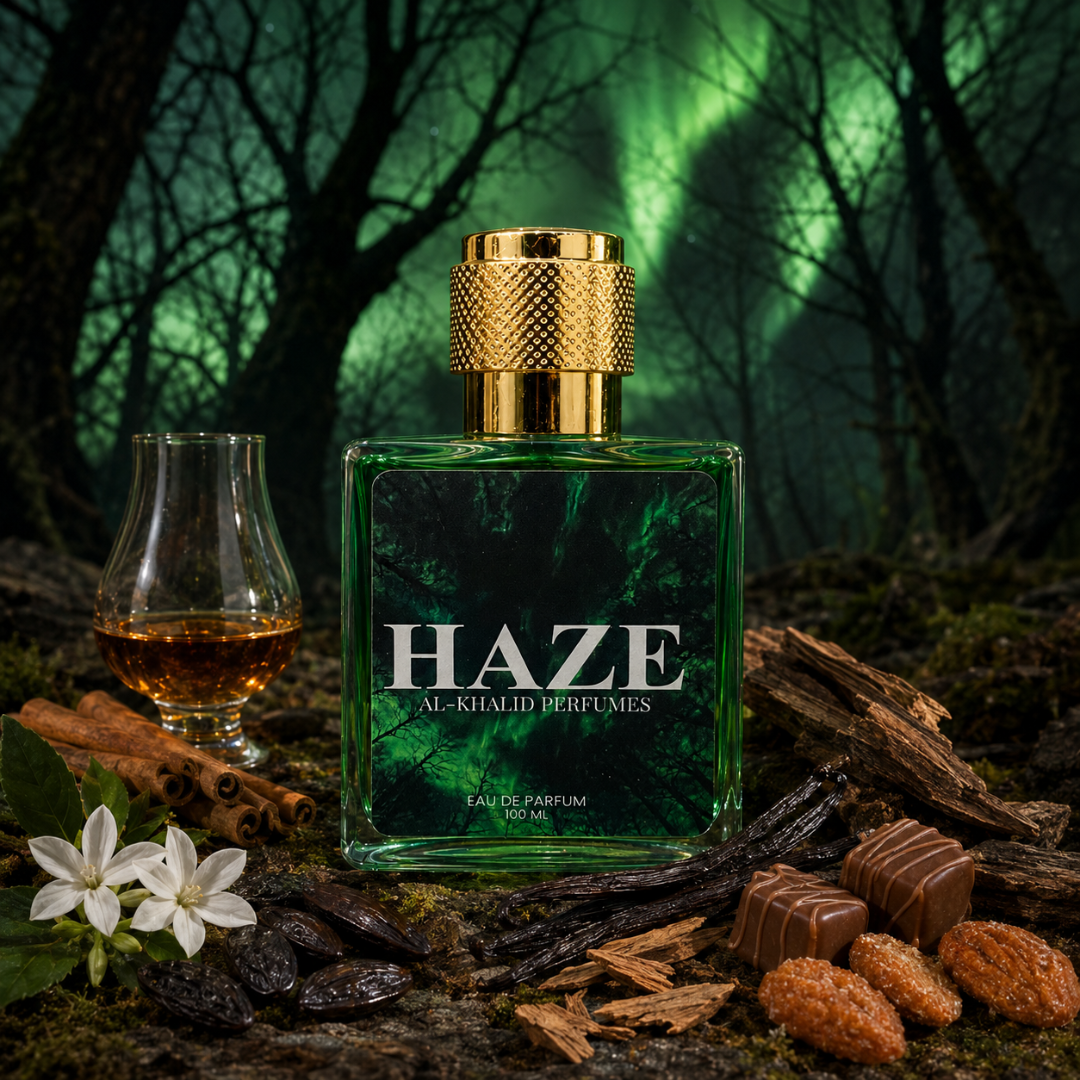 AL-KHALID PERFUMES HAZE women's perfume bottle featuring French Cognac vanilla and tonka bean fragrance.