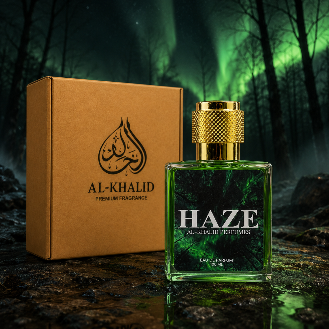 AL-KHALID PERFUMES HAZE women's perfume featuring French Cognac Vanilla and Tonka Bean fragrance in a sleek bottle.