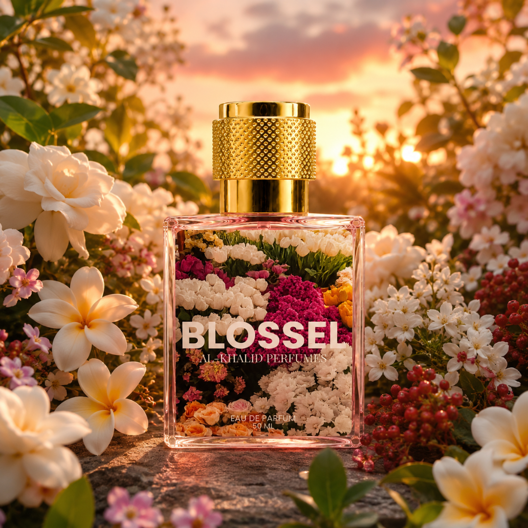 BLOSSEL women's perfume by AL-KHALID PERFUMES featuring a floral gardenia and jasmine fragrance in a sleek bottle.