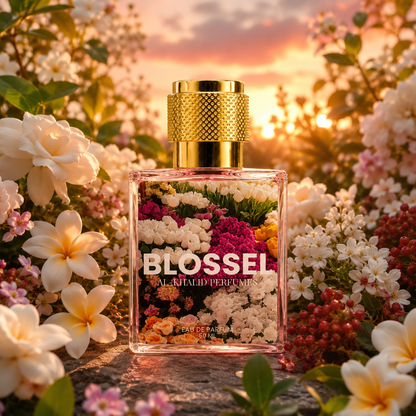 BLOSSEL women's perfume by AL-KHALID PERFUMES featuring a floral gardenia and jasmine fragrance in a sleek bottle.