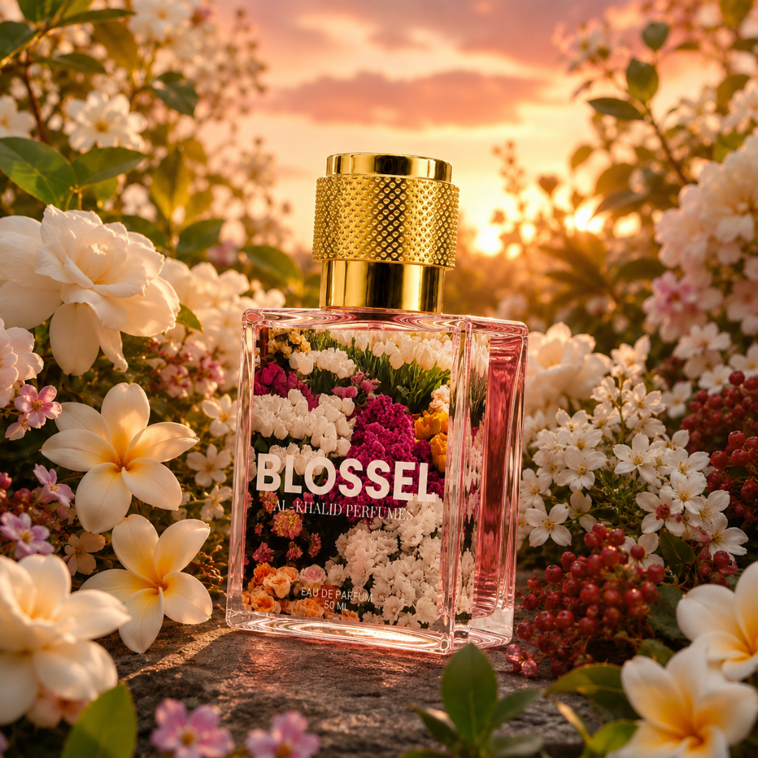 BLOSSEL women's perfume by AL-KHALID PERFUMES featuring floral gardenia and jasmine fragrance in an elegant bottle