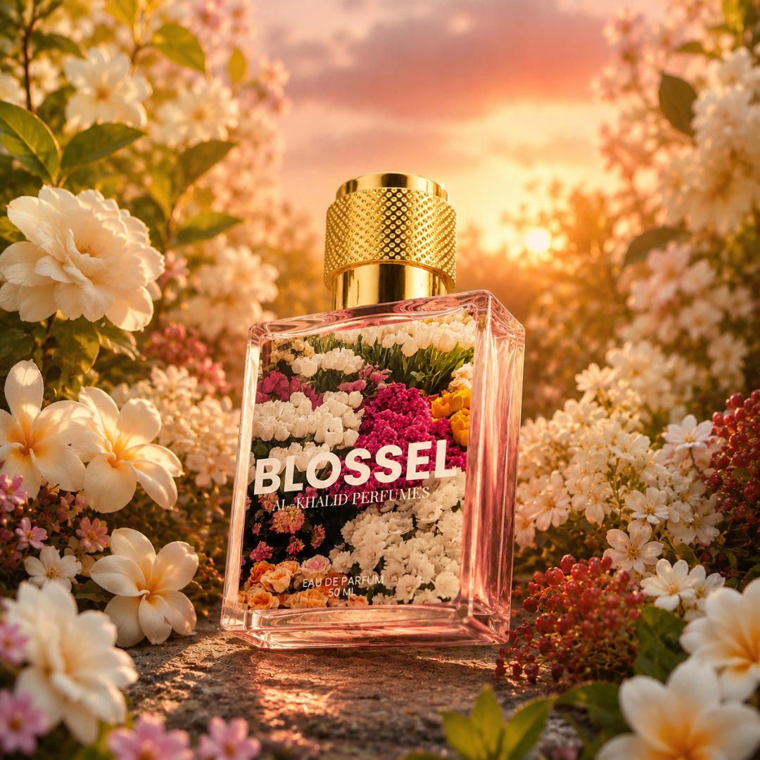 AL-KHALID PERFUMES BLOSSEL premium women's perfume featuring floral gardenia and jasmine fragrance in elegant packaging