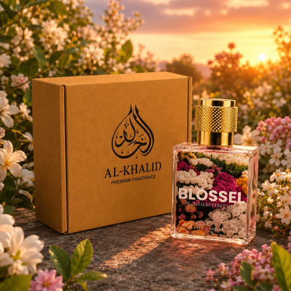 BLOSSEL women's perfume by AL-KHALID PERFUMES featuring floral gardenia and jasmine notes in a sleek glass bottle