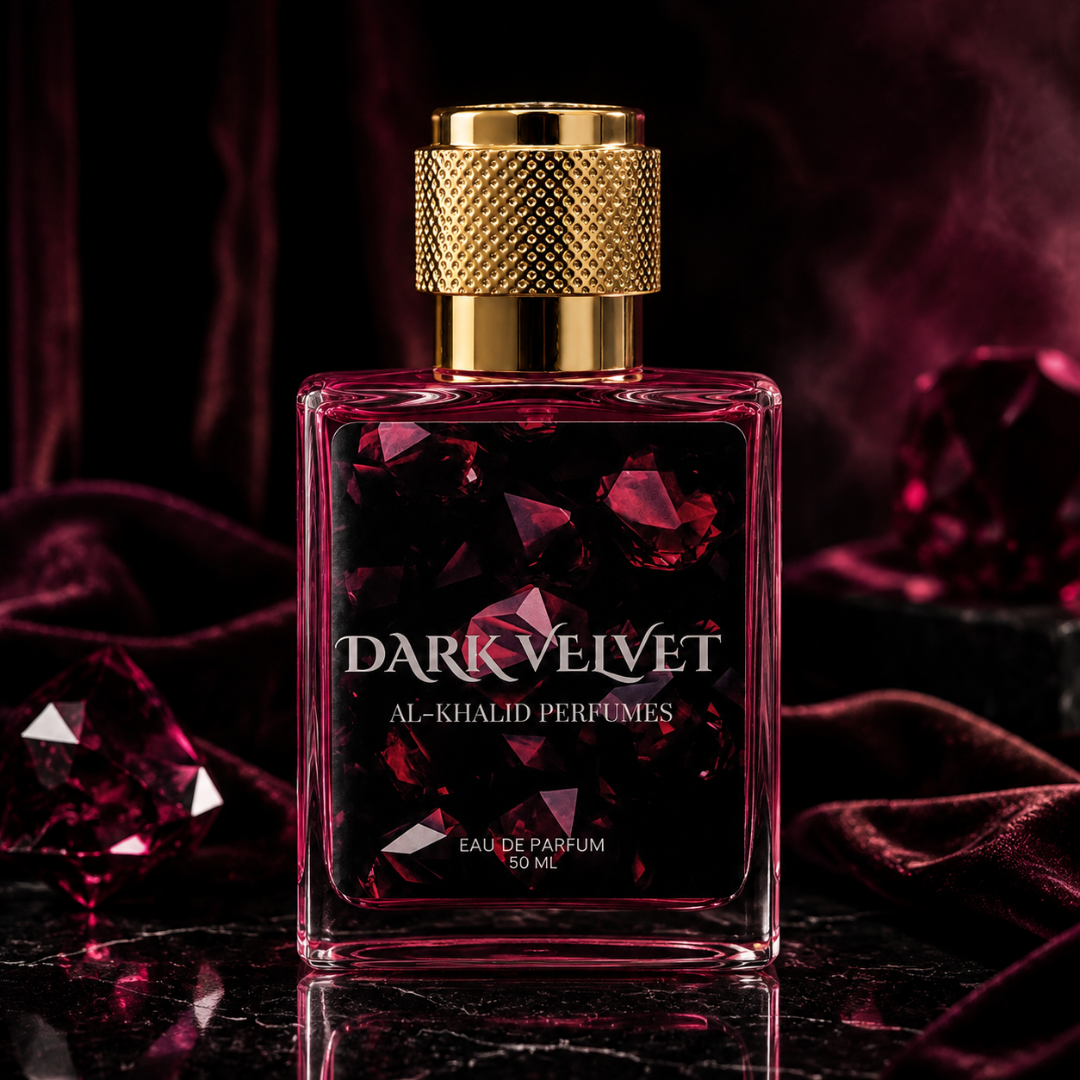Dark velvet women's perfume by AL-KHALID PERFUMES featuring a strong woody, coffee, and vanilla fragrance in an elegant bottle.