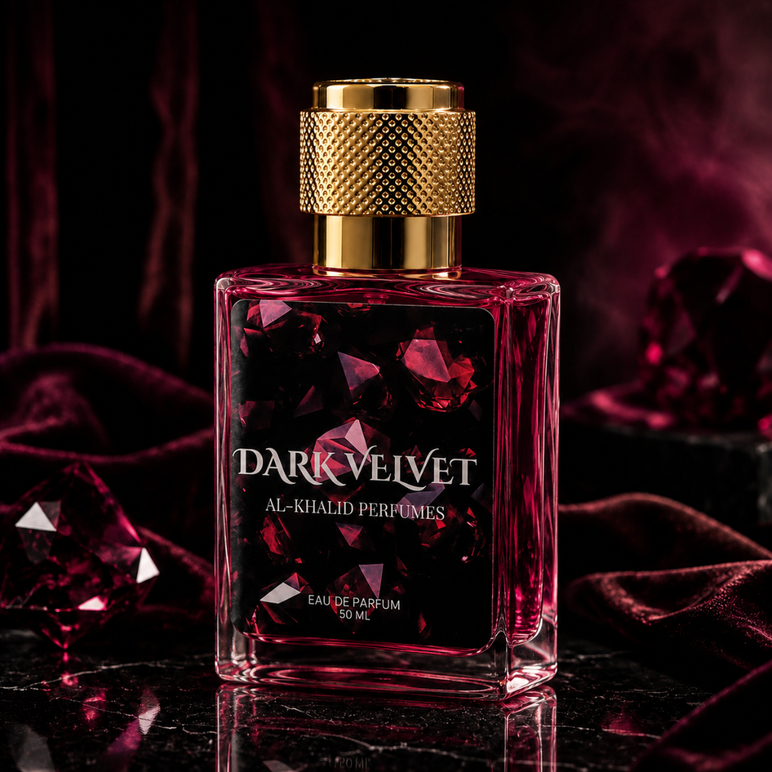 Dark velvet perfume bottle by AL-KHALID PERFUMES featuring a woody coffee vanilla fragrance for women.