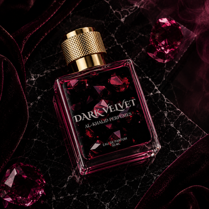 Dark velvet women's perfume bottle by AL-KHALID PERFUMES featuring a woody coffee vanilla fragrance in a sleek glass design