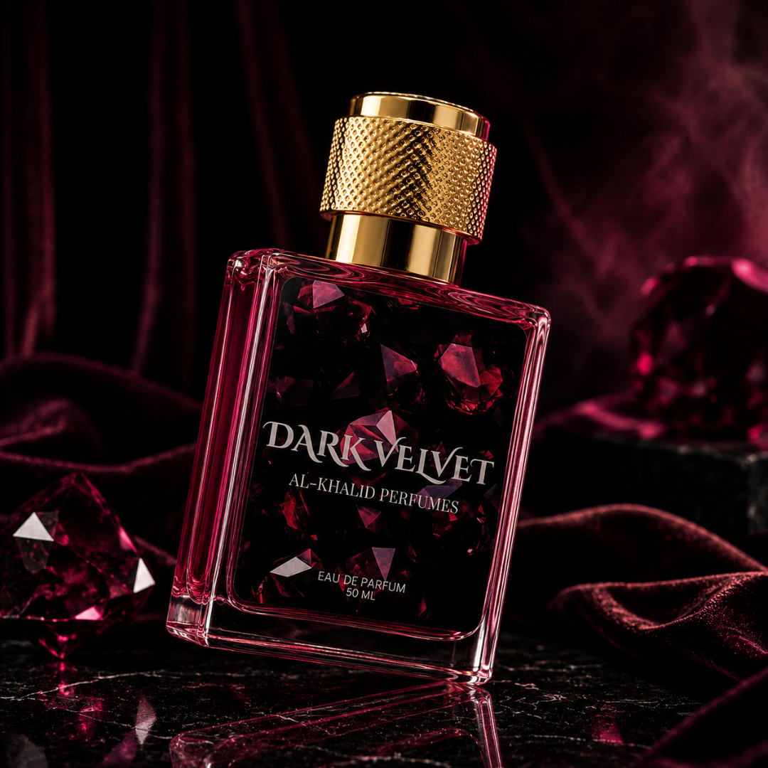 Dark velvet perfume by AL-KHALID PERFUMES featuring a woody coffee vanilla fragrance in an elegant glass bottle.
