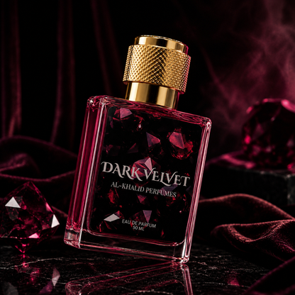 Dark velvet perfume by AL-KHALID PERFUMES featuring a woody coffee vanilla fragrance in an elegant glass bottle.