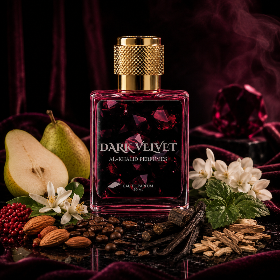 Dark velvet perfume bottle by AL-KHALID PERFUMES featuring a woody coffee vanilla fragrance in an elegant glass bottle.