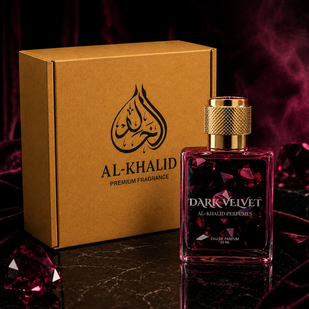 Dark velvet women's perfume by AL-KHALID PERFUMES featuring a strong woody, coffee, and vanilla fragrance in a sleek bottle.