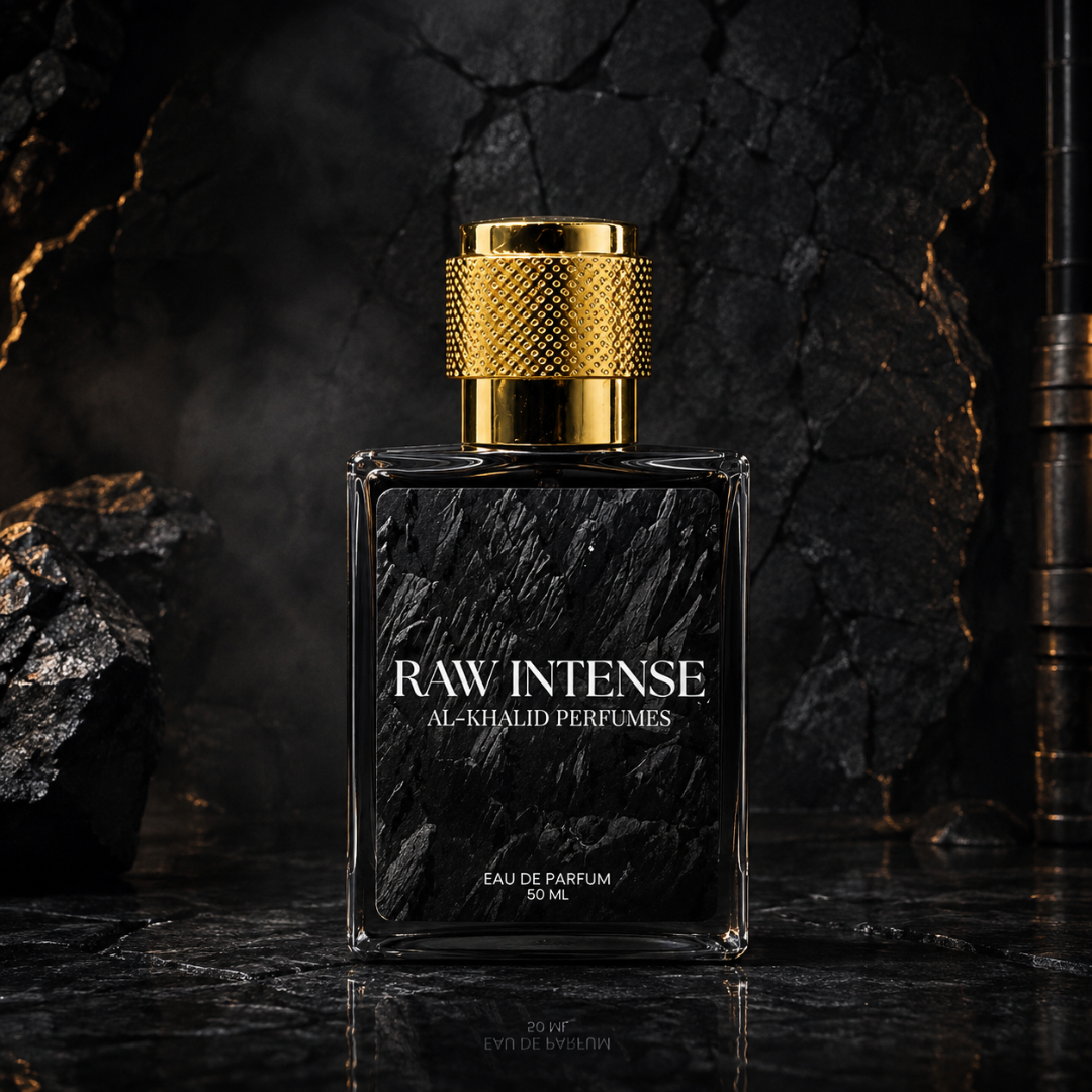AL-KHALID PERFUMES RAW INTENSE men's perfume bottle with spicy woody fragrance and sleek design.