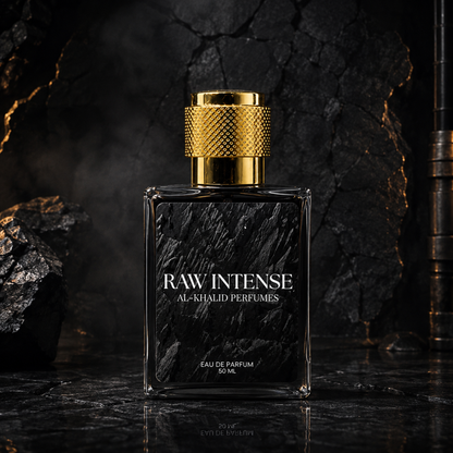 AL-KHALID PERFUMES RAW INTENSE men's perfume bottle with spicy woody fragrance and sleek design.