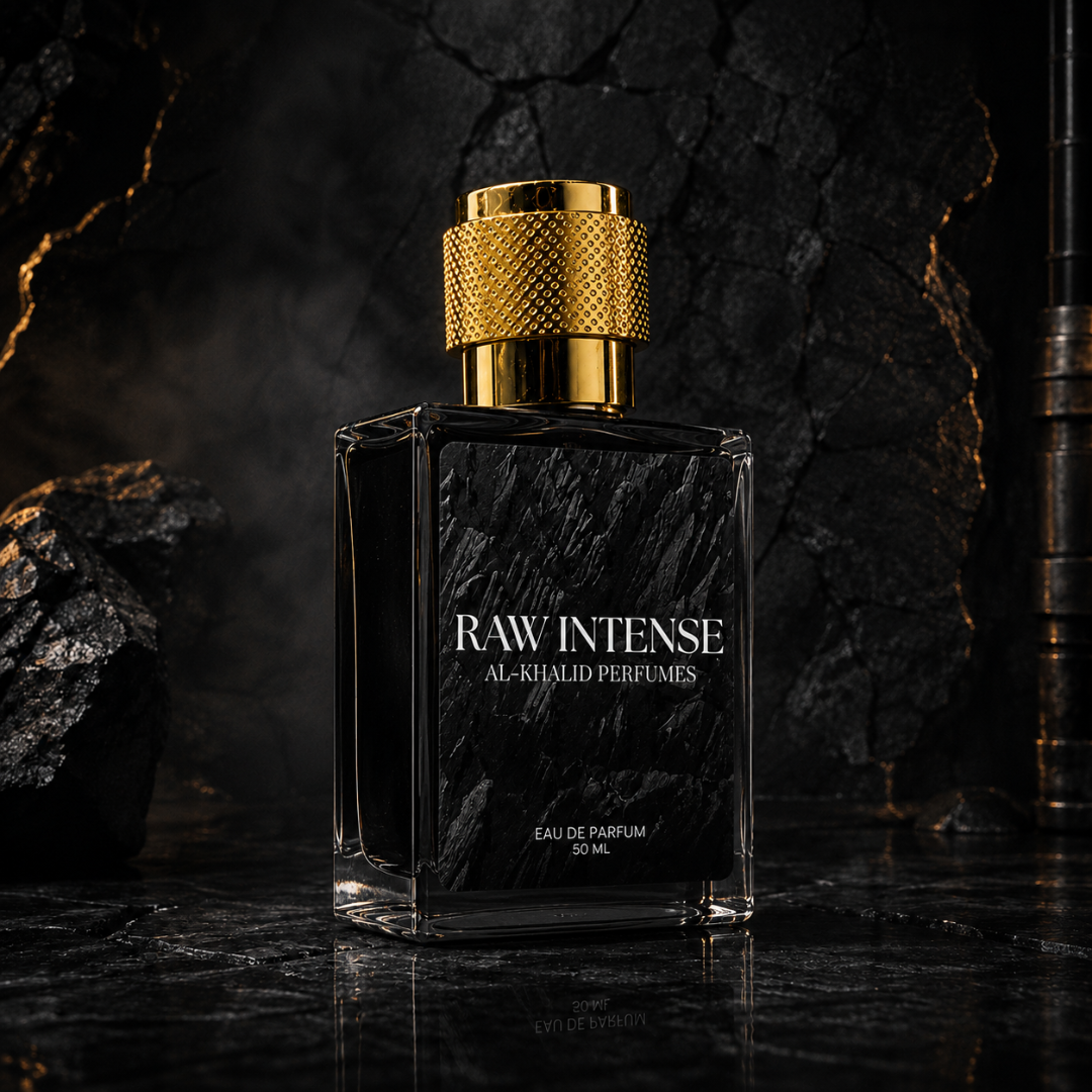 AL-KHALID PERFUMES RAW INTENSE men's perfume bottle showcasing a spicy woody fragrance with sleek design.