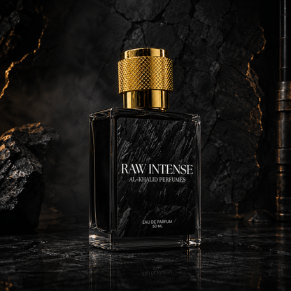 AL-KHALID PERFUMES RAW INTENSE men's perfume bottle showcasing a spicy woody fragrance with sleek design.