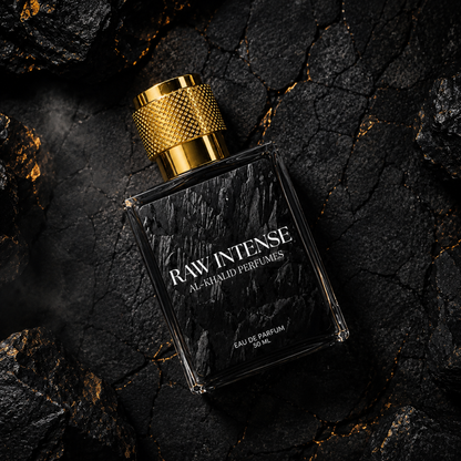 AL-KHALID PERFUMES RAW INTENSE men's perfume bottle with spicy woody fragrance and sleek design.